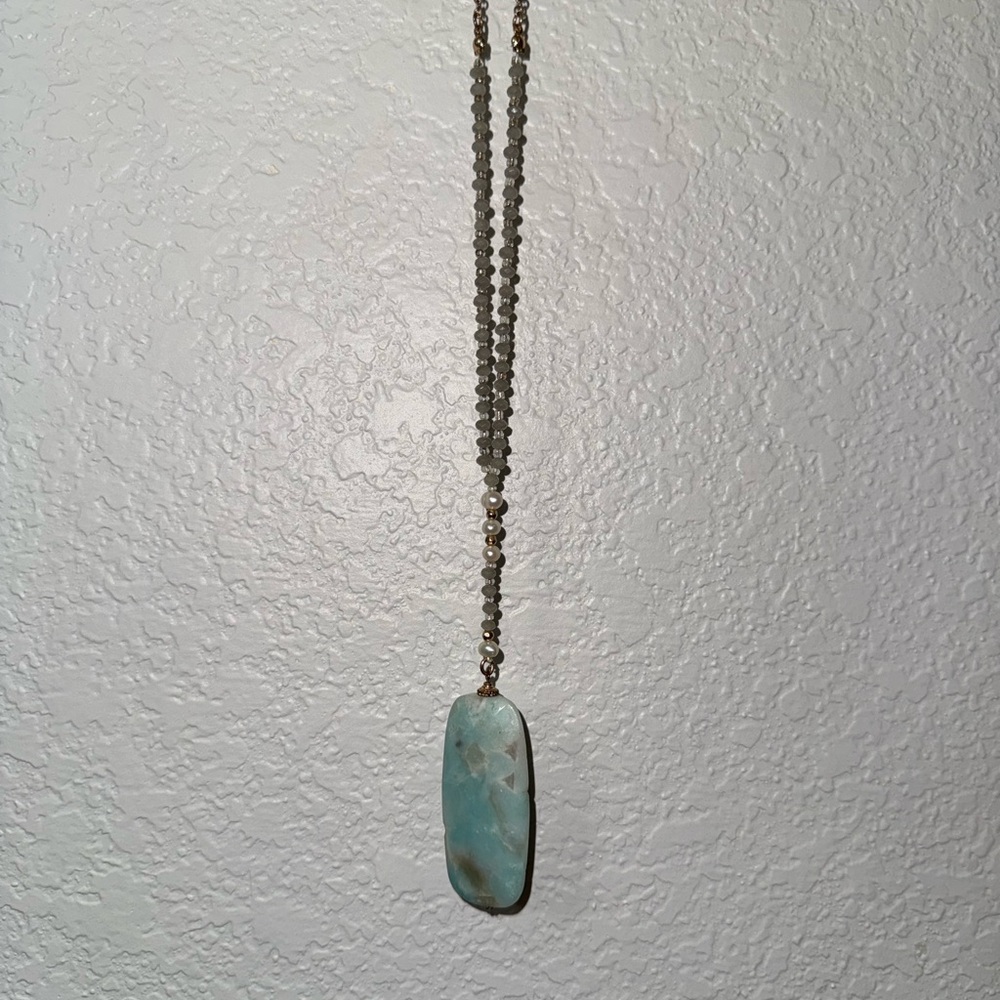 Long Gold and Teal Pendant Necklace